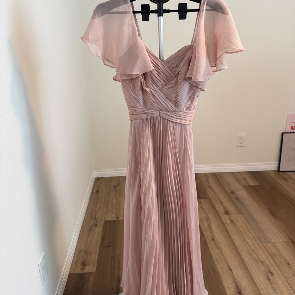 Blush Pink Pleated V-Neck Maxi Dress with Flutter Sleeves - 45 inches length